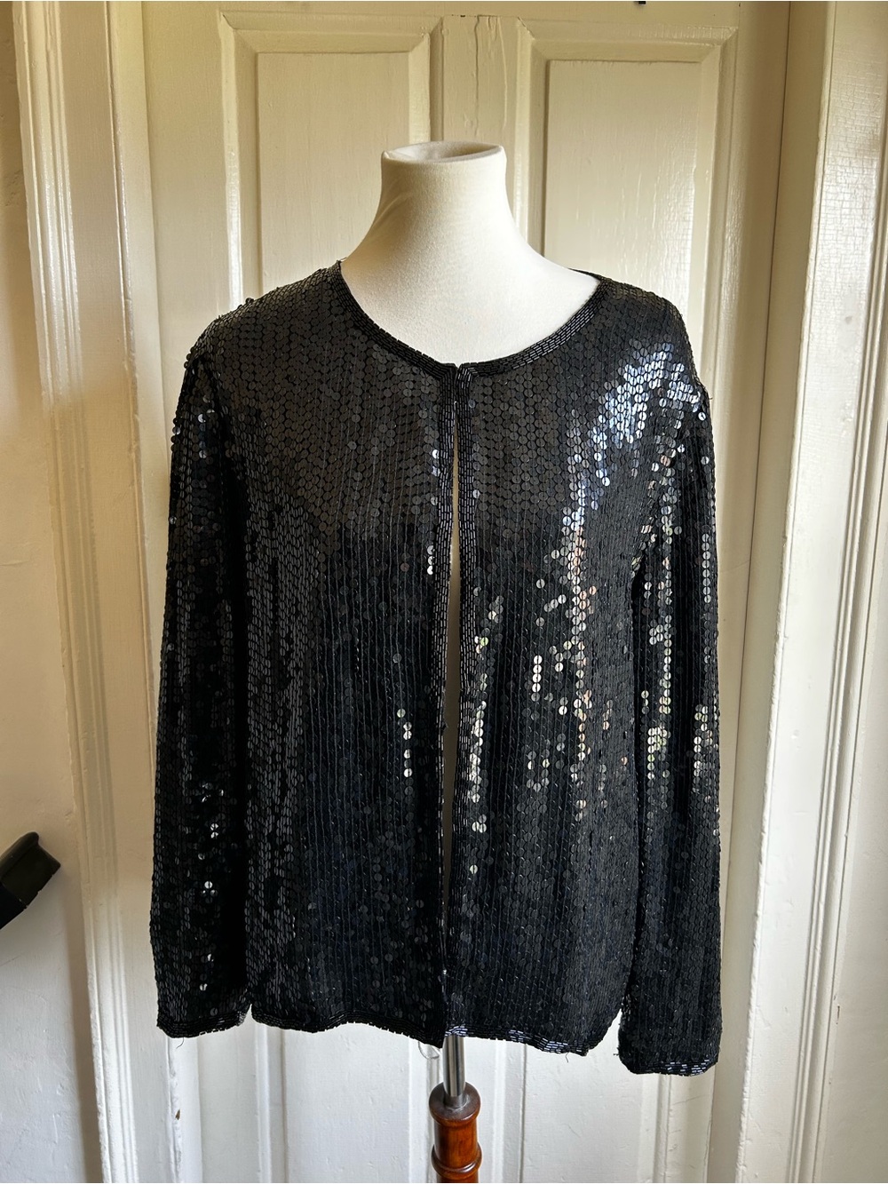 Vintage 1980s Sténay Black Sequin Open Front Evening Jacket Size XL